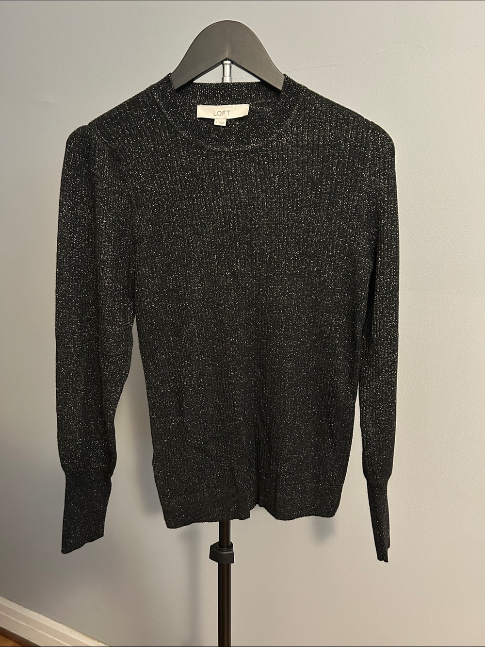 NWT LOFT Black Metallic Ribbed Crewneck Sweater Blouse